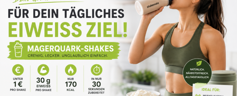 Frau trinkt einen Magerquark-Shake – 30 g Eiweiß für unter 1 Euro